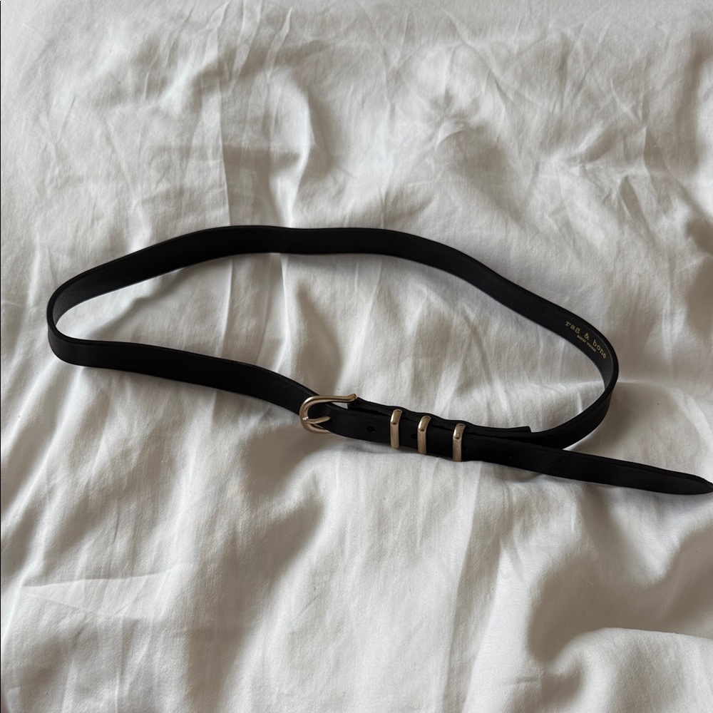 rag & bone Black Slim Leather Belt with Gold Buckle